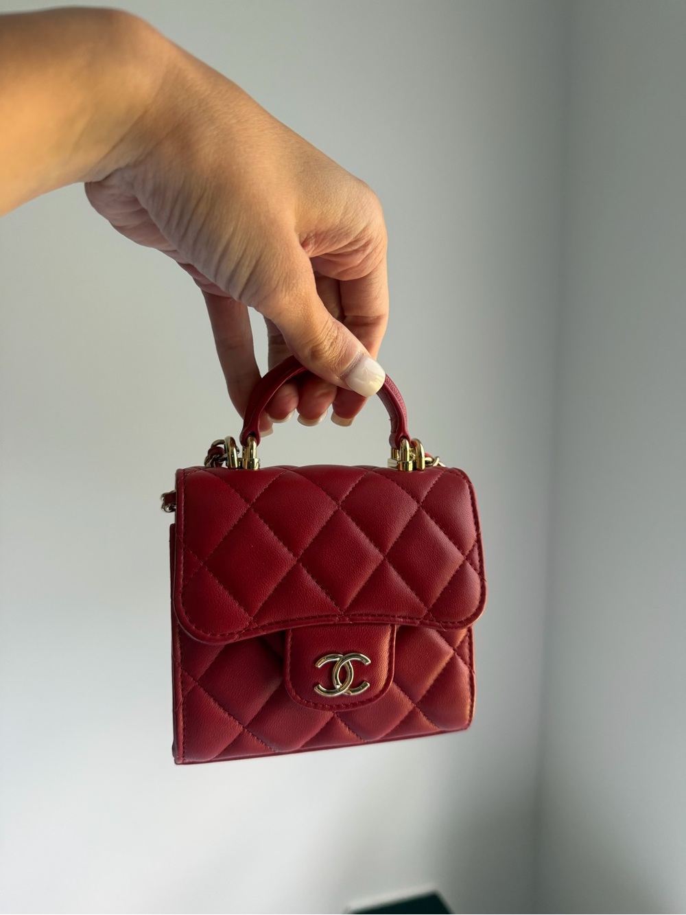CHANEL Small Quilted Top-Handle Mini Bag in Burgundy